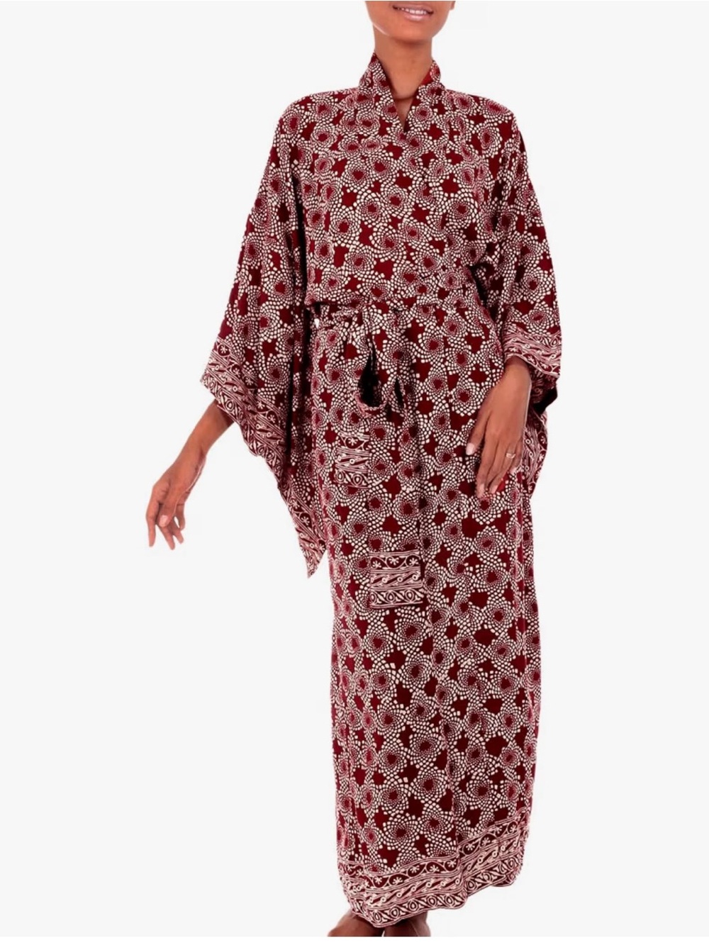 Long Burgundy Floral Wrap Robe with Tie Waist - Picture 2 of 8